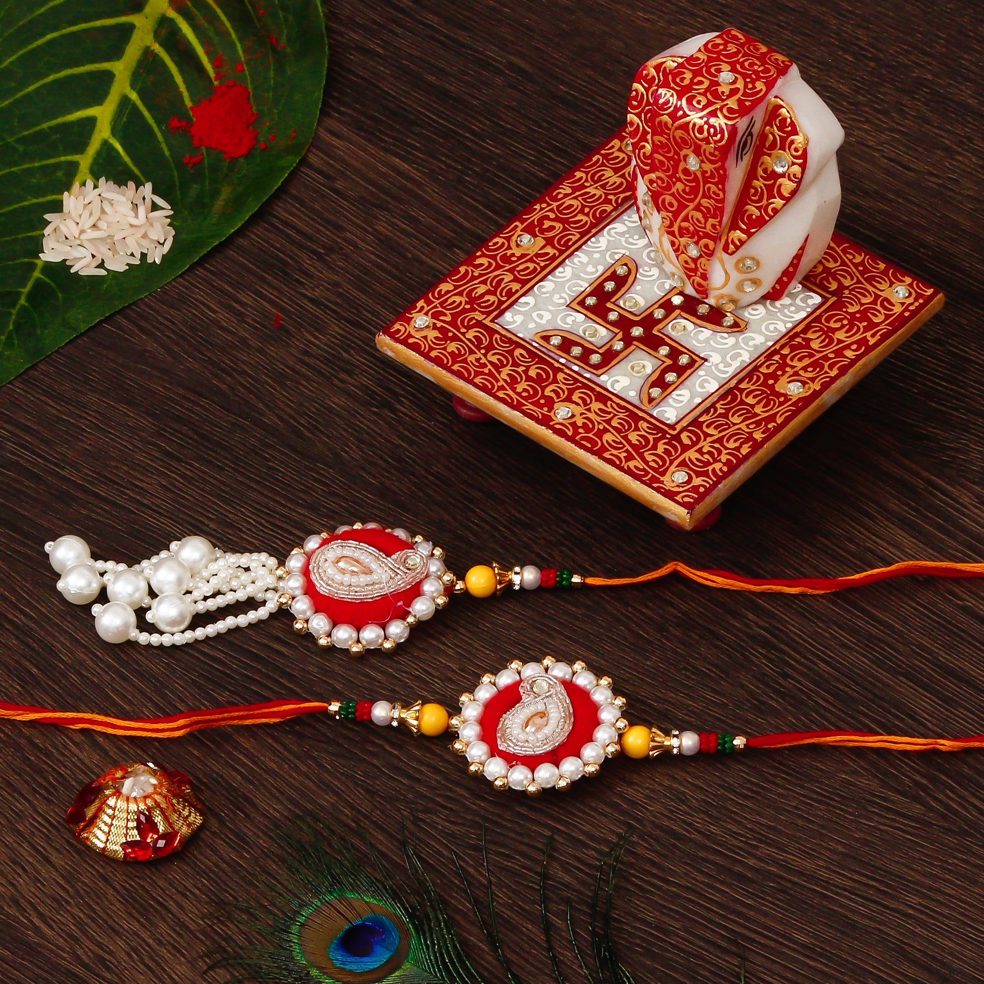 Bhaiya Bhabhi Rakhi with Ridhi Sidhi Marble chowki and Roli Tikka Matki Kafalo