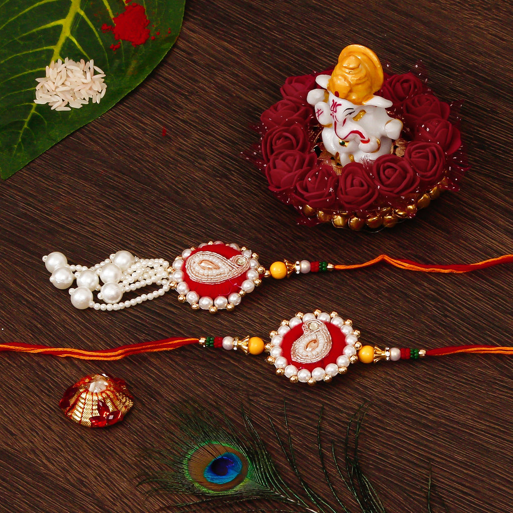 Bhaiya Bhabhi Rakhi with Lord Ganesha Idol on Decorative Plate for Car & Home and Roli Tikka Matki Kafalo