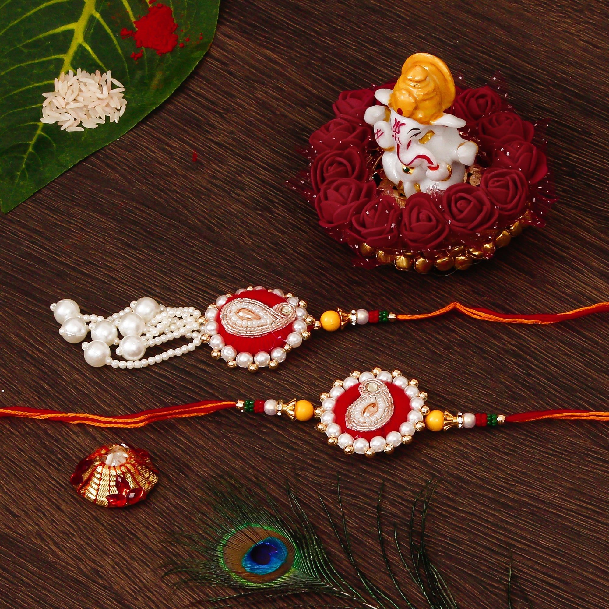 Bhaiya Bhabhi Rakhi with Lord Ganesha Idol on Decorative Plate for Car & Home and Roli Tikka Matki Kafalo