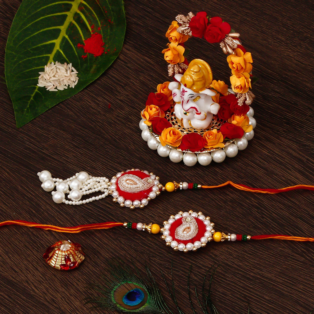 Bhaiya Bhabhi Rakhi with Lord Ganesha Idol on Decorative Plate for Car & Home and Roli Tikka Matki Kafalo