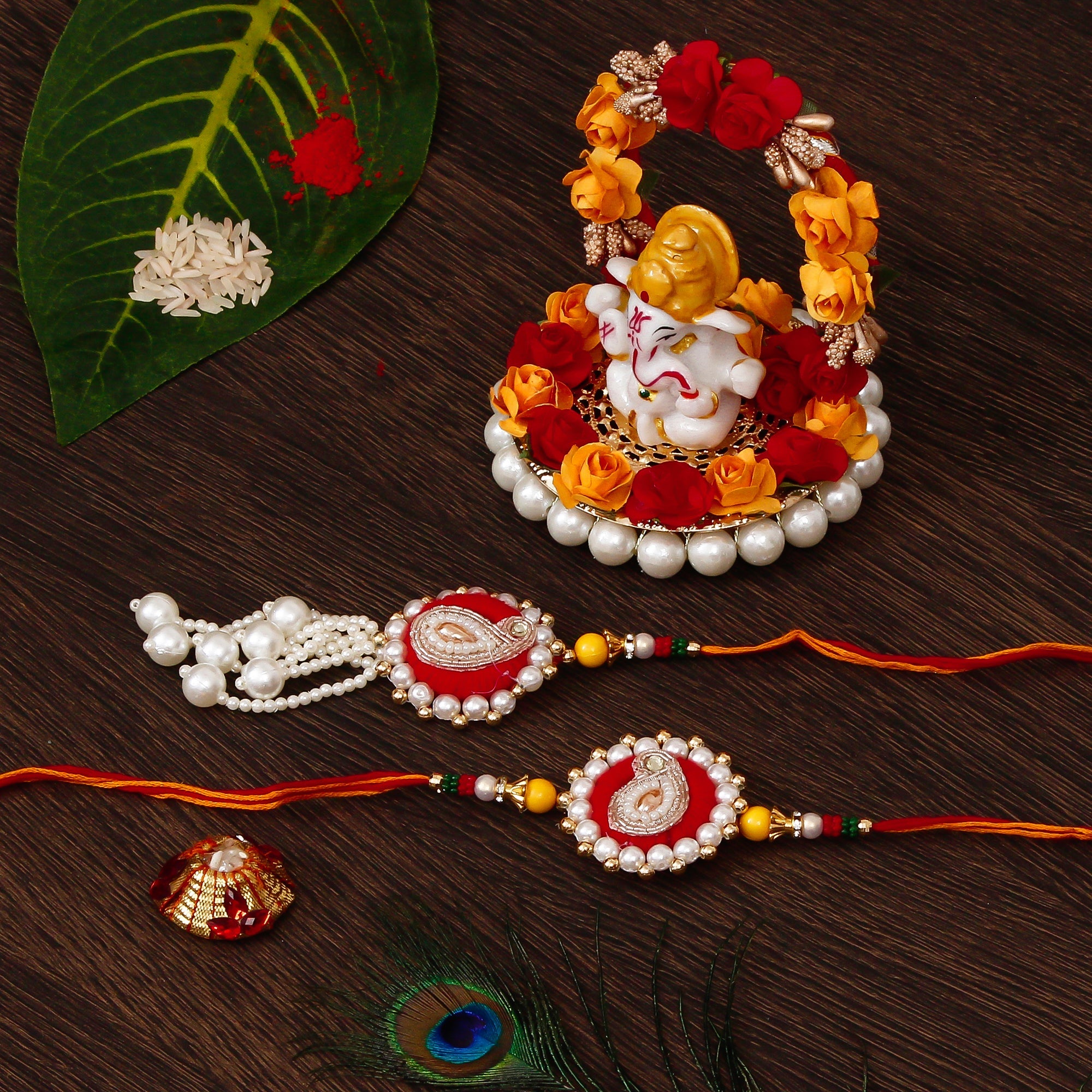 Bhaiya Bhabhi Rakhi with Lord Ganesha Idol on Decorative Plate for Car & Home and Roli Tikka Matki Kafalo