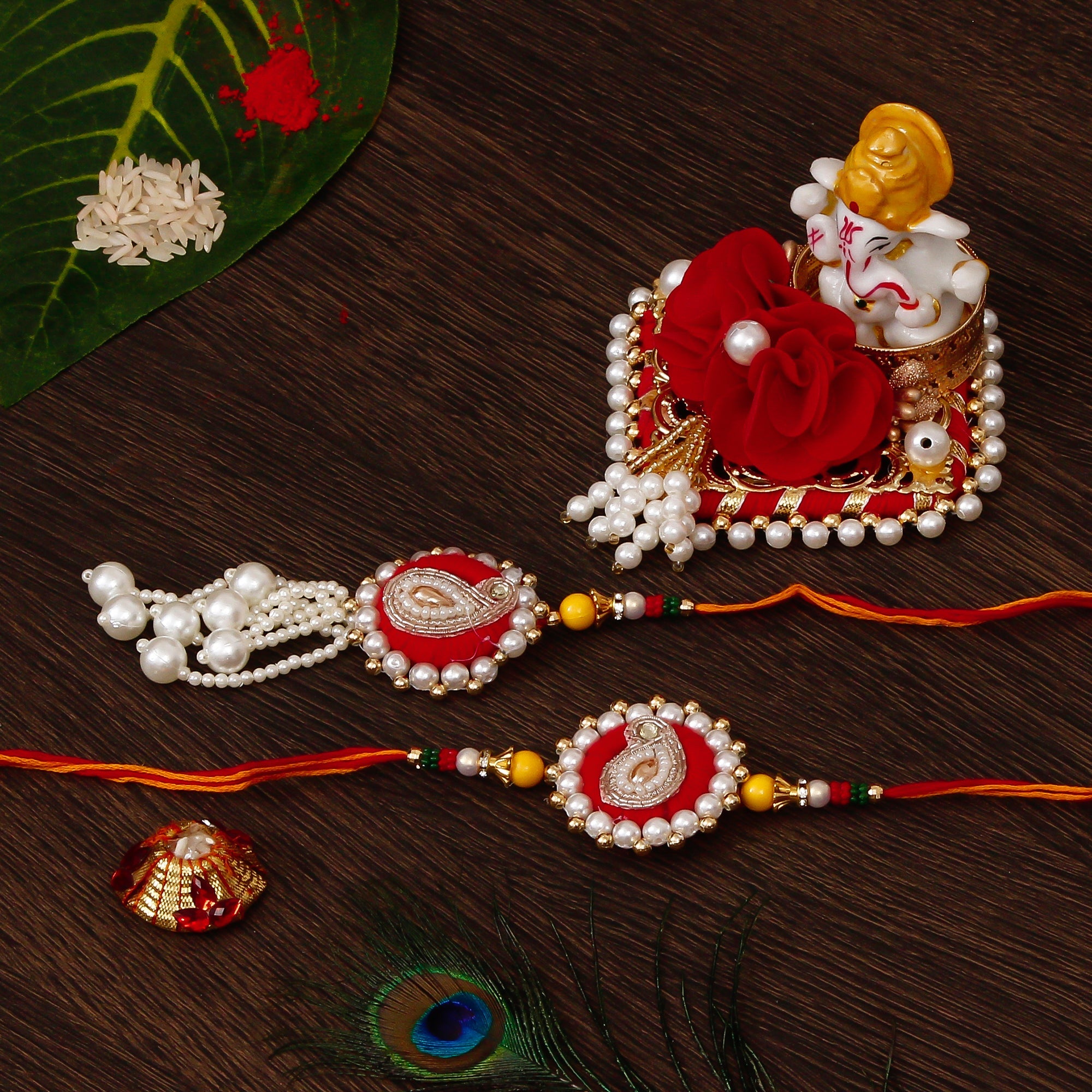 Bhaiya Bhabhi Rakhi with Lord Ganesha Idol on Decorative Plate for Car & Home and Roli Tikka Matki Kafalo