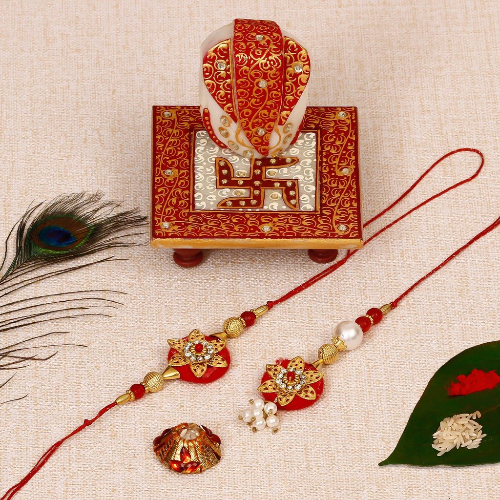 Bhaiya Bhabhi Rakhi with Ridhi Sidhi Marble chowki and Roli Tikka Matki Kafalo