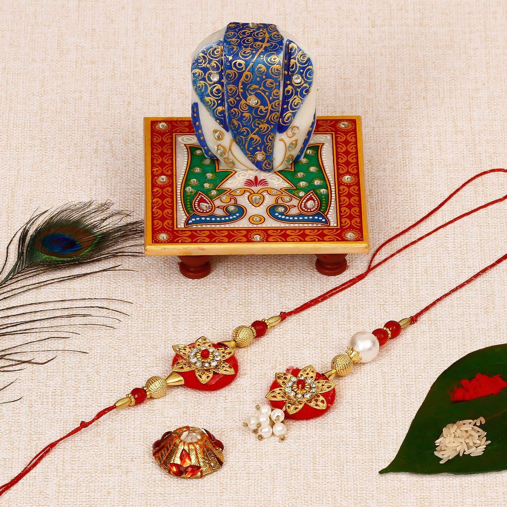 Bhaiya Bhabhi Rakhi with Lord Ganesha on Marble Chowki and Roli Tikka Matki Kafalo