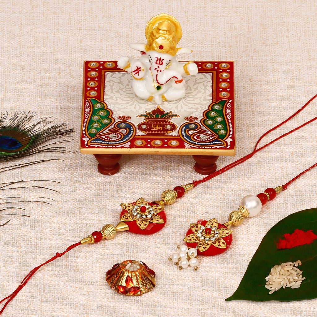 Bhaiya Bhabhi Rakhi with Lord Ganesha Marble Chowki and Roli Tikka Matki Kafalo
