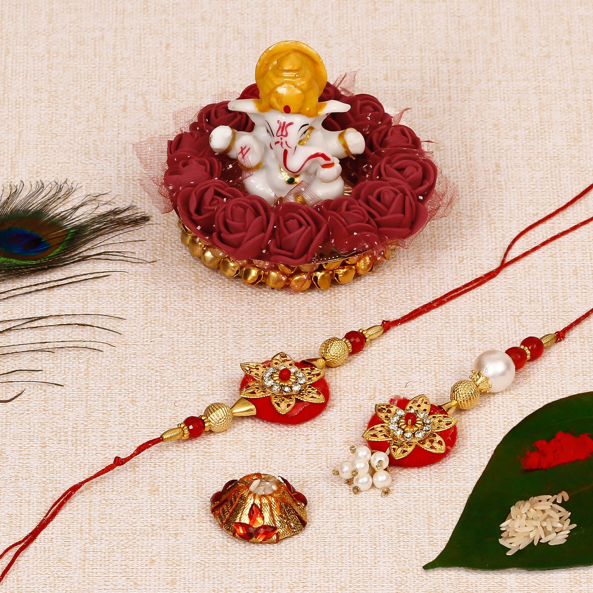 Bhaiya Bhabhi Rakhi with Lord Ganesha Idol on Decorative Plate for Car & Home and Roli Tikka Matki Kafalo