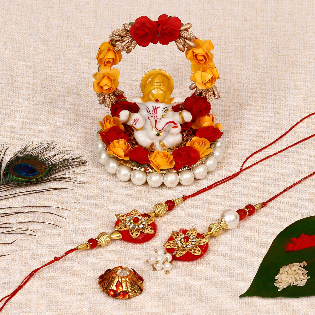 Bhaiya Bhabhi Rakhi with Lord Ganesha Idol on Decorative Plate for Car & Home and Roli Tikka Matki Kafalo