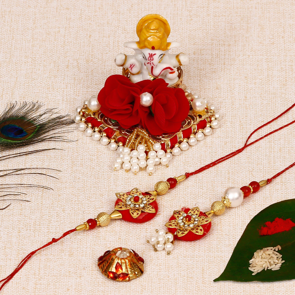 Bhaiya Bhabhi Rakhi with Lord Ganesha Idol on Decorative Plate for Car & Home and Roli Tikka Matki Kafalo