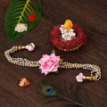 Floral Rakhi for Bhabhi with Lord Ganesha Idol on Decorative Plate for Car & Home and Roli Tikka Matki Kafalo