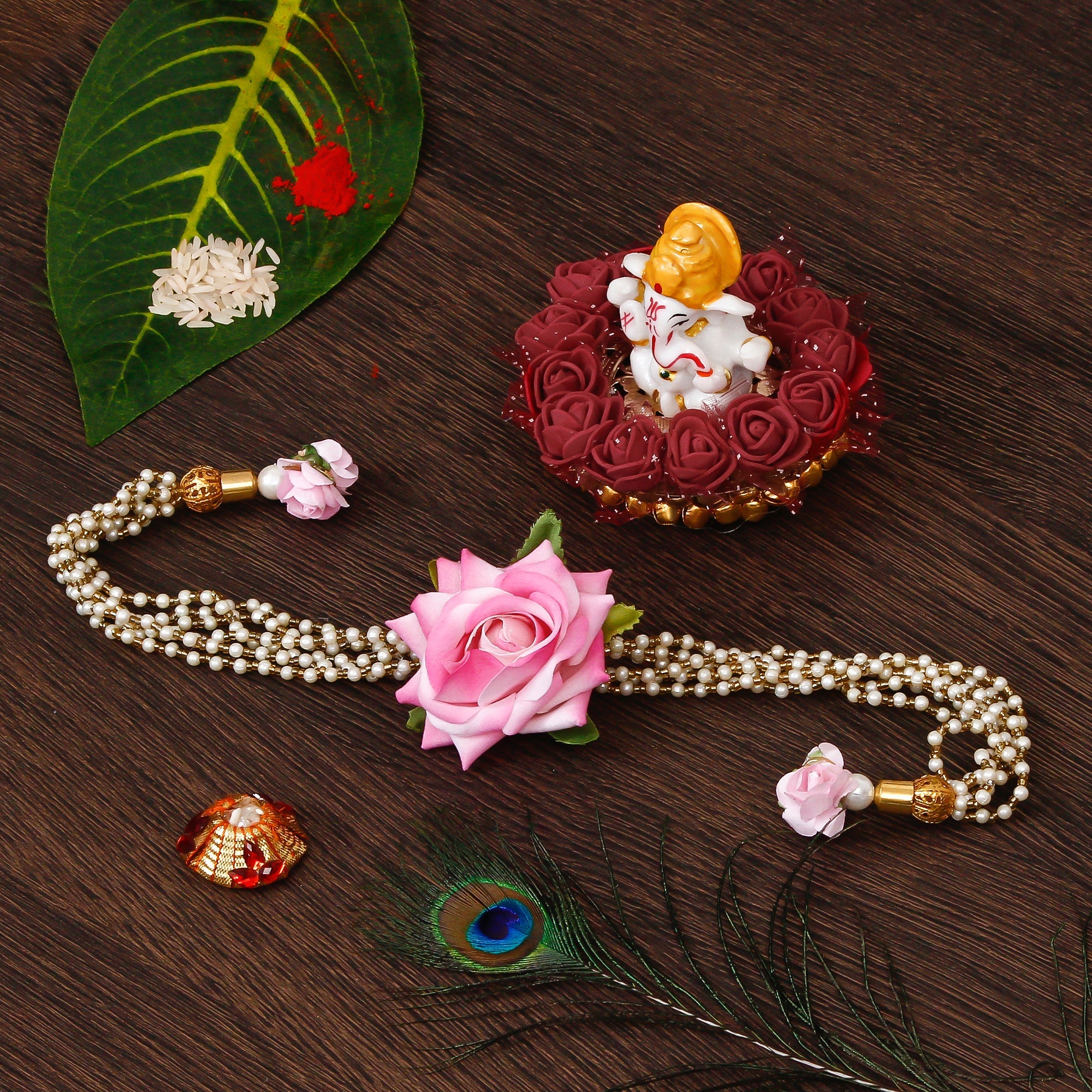 Floral Rakhi for Bhabhi with Lord Ganesha Idol on Decorative Plate for Car & Home and Roli Tikka Matki Kafalo