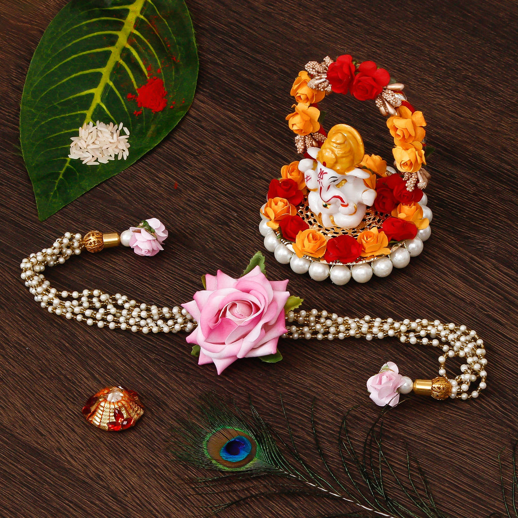 Floral Rakhi for Bhabhi with Lord Ganesha Idol on Decorative Plate for Car & Home and Roli Tikka Matki Kafalo