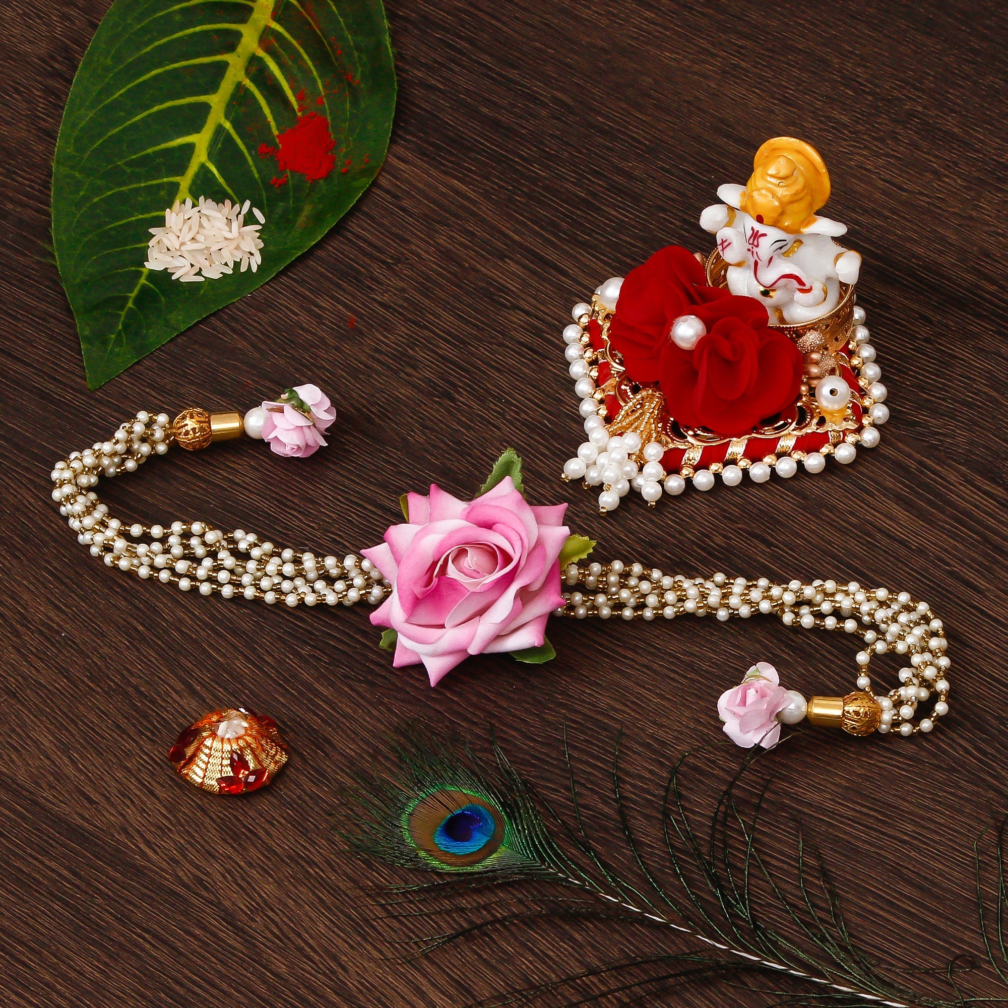 Floral Rakhi for Bhabhi with Lord Ganesha Idol on Decorative Plate for Car & Home and Roli Tikka Matki Kafalo