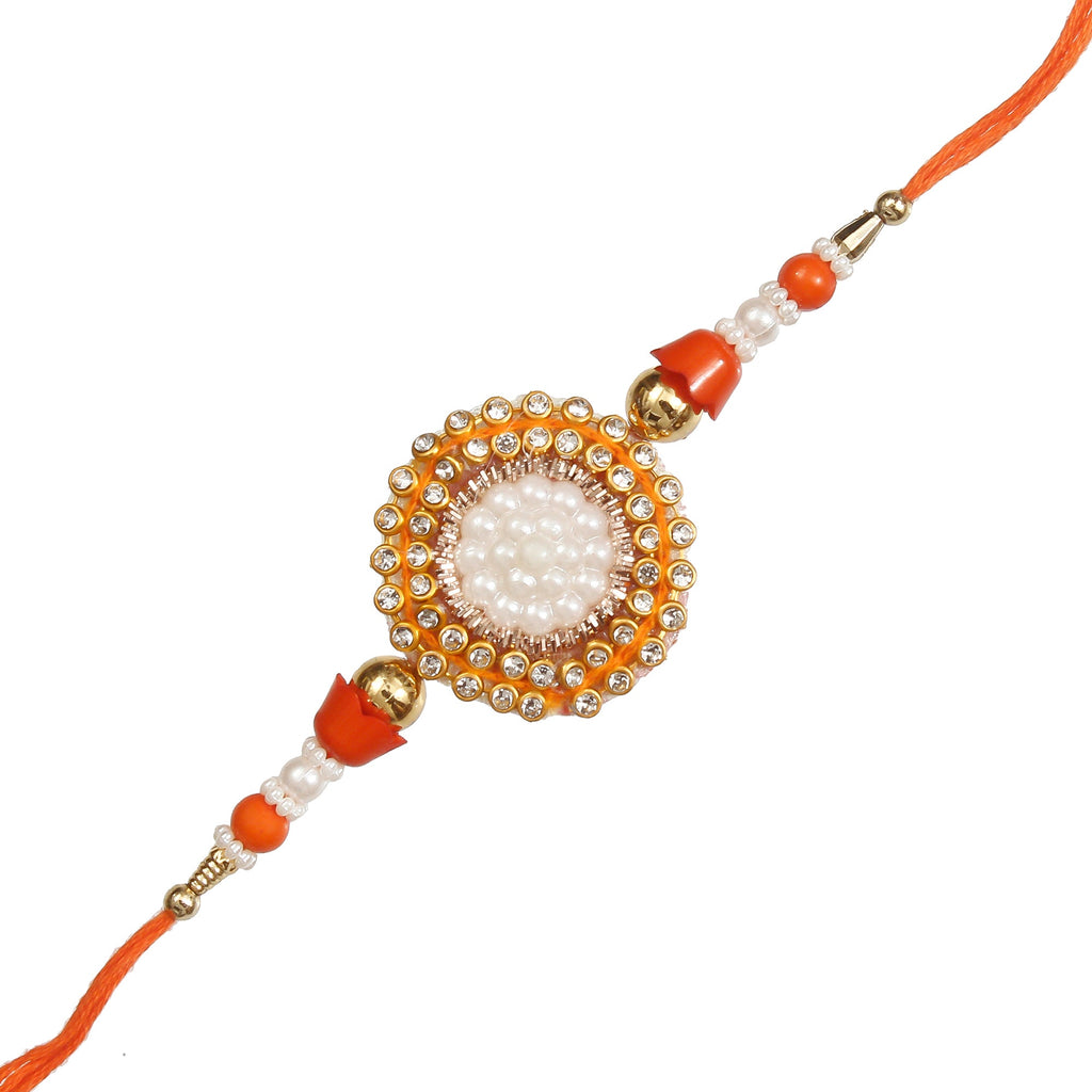 Designer Pearl Rakhi and Roli Chawal Pack, Best Wishes Greeting Card Kafalo