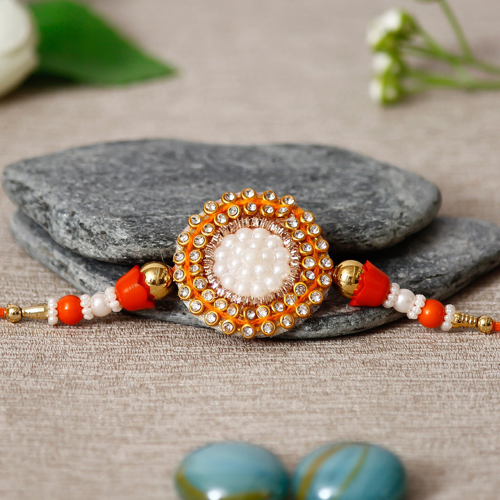 Designer Pearl Rakhi and Roli Chawal Pack, Best Wishes Greeting Card Kafalo