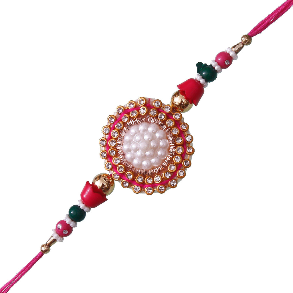 Designer Pearl Rakhi and Roli Chawal Pack, Best Wishes Greeting Card Kafalo
