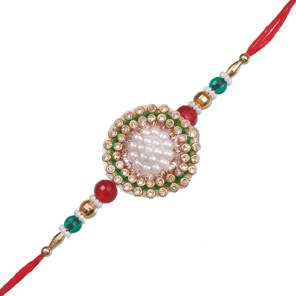 Designer Pearl Rakhi and Roli Chawal Pack, Best Wishes Greeting Card Kafalo
