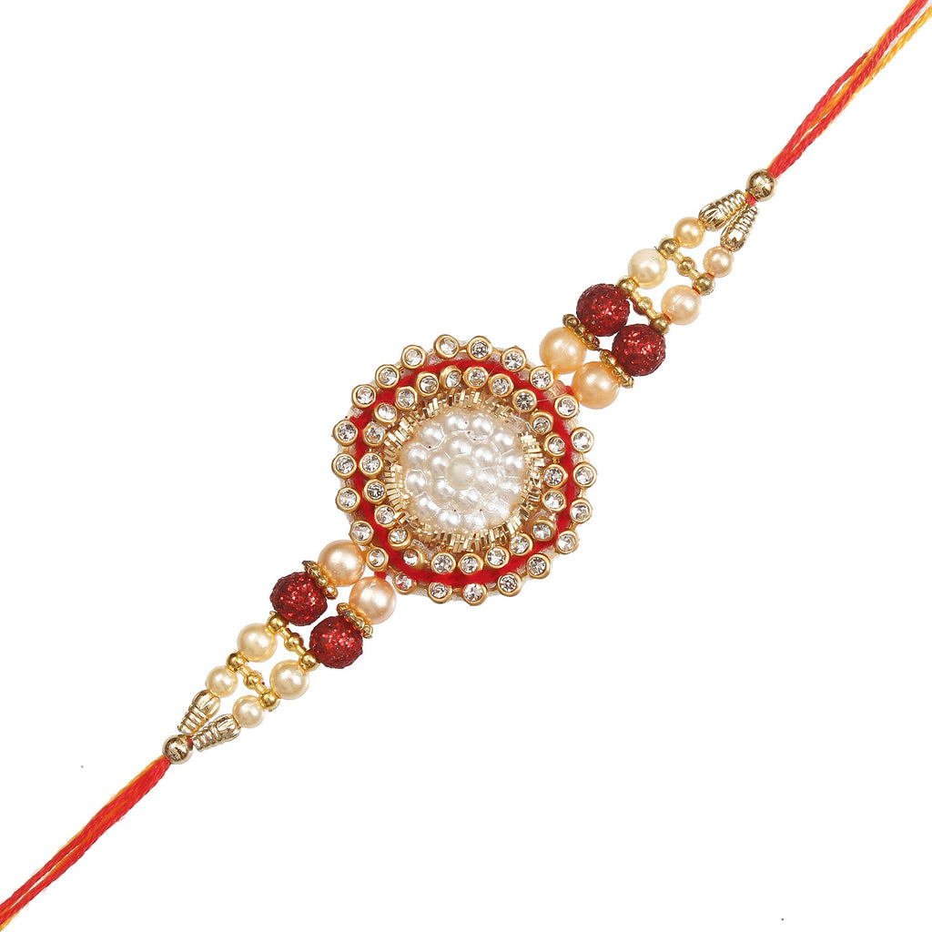 Designer Pearl Rakhi and Roli Chawal Pack, Best Wishes Greeting Card Kafalo