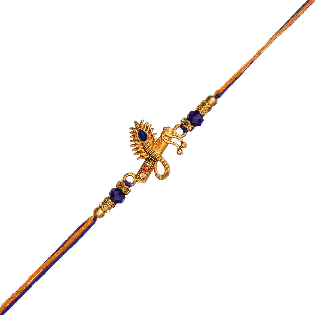 Designer Mor Pankh with Flute Rakhi and Roli Chawal Pack Kafalo
