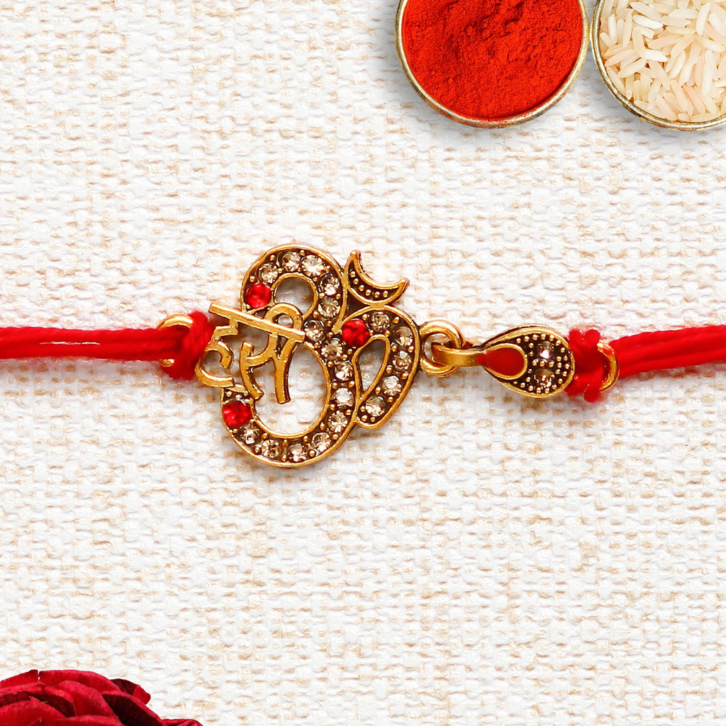 Designer Om Rakhi and Roli Chawal Pack, Best Wishes Greeting Card Kafalo