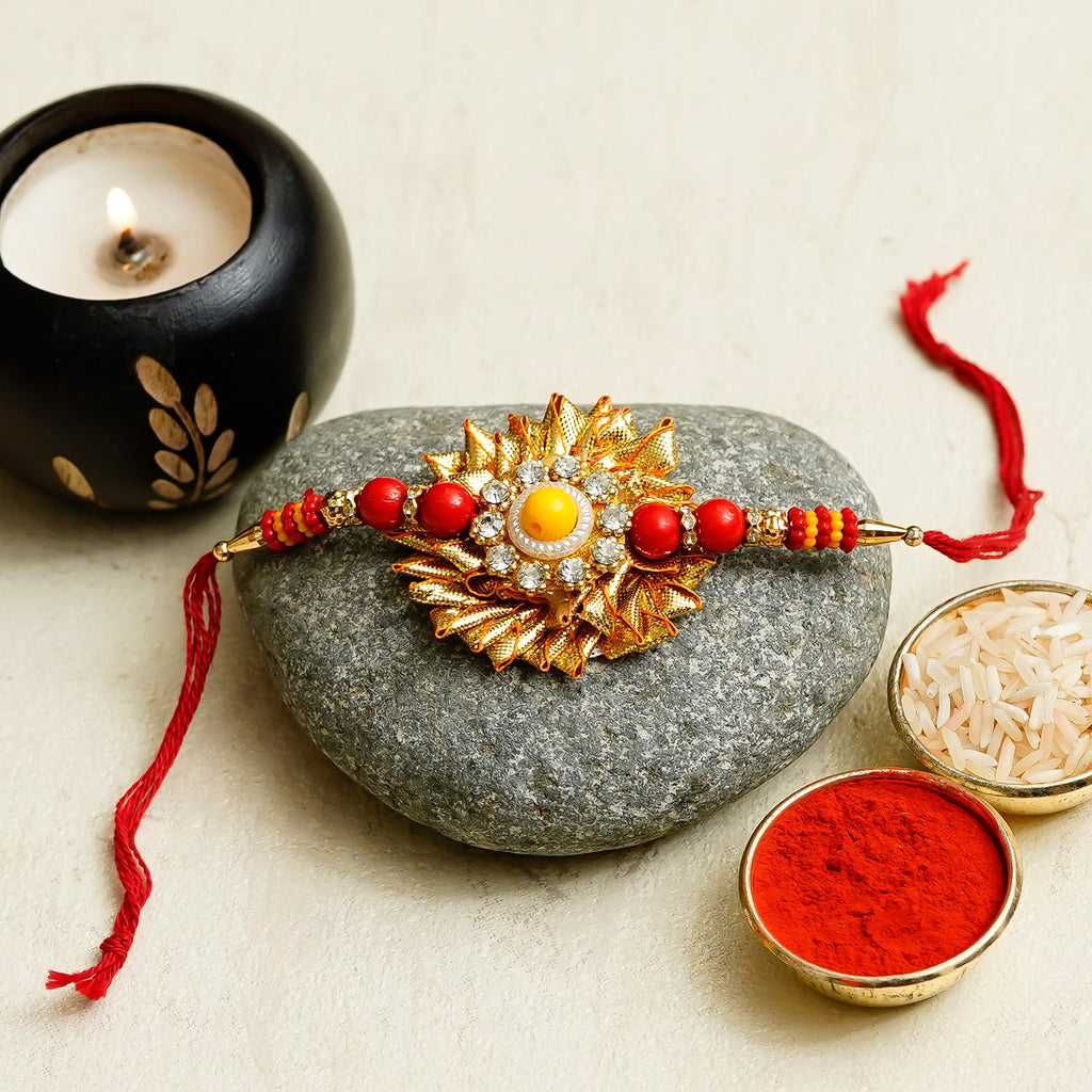 Designer Gota Patti Rakhi and Roli Chawal Pack Kafalo