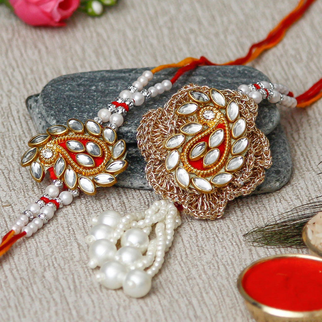 Designer Handcrafted Premium Bhaiya Bhabhi Rakhi and Roli Chawal Pack, Best Wishes Greeting Card Kafalo