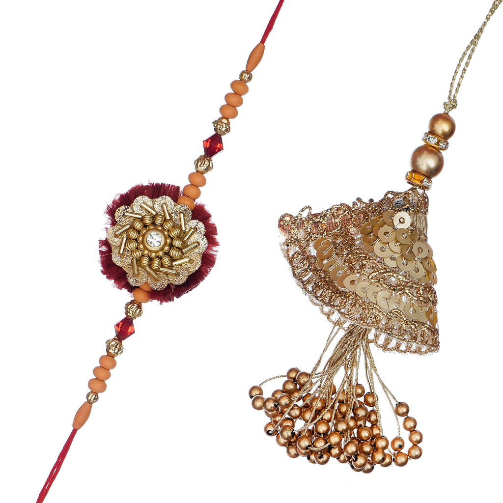 Designer Handcrafted Premium Bhaiya Bhabhi Rakhi and Roli Chawal Pack, Best Wishes Greeting Card Kafalo