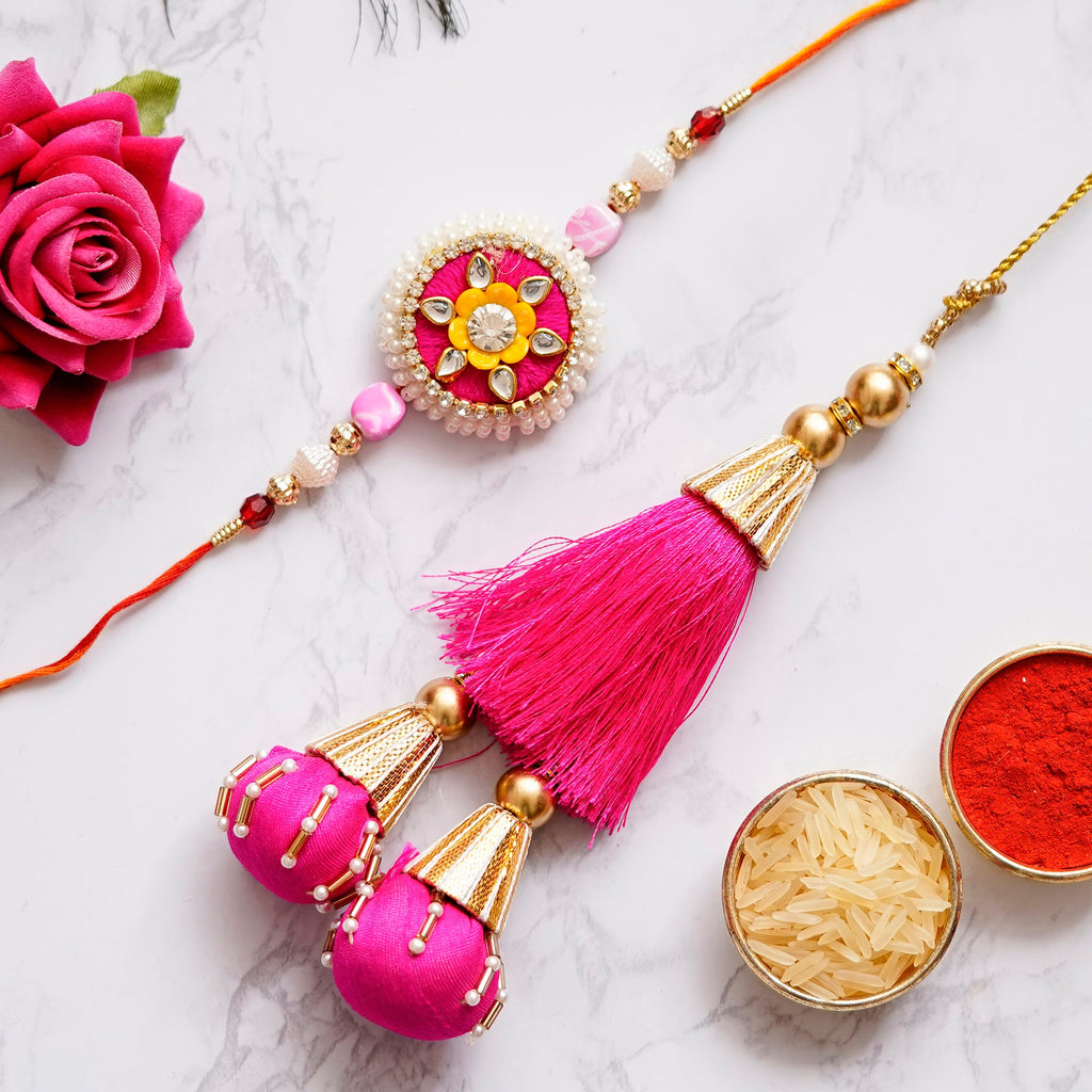 Designer Handcrafted Premium Bhaiya Bhabhi Rakhi and Roli Chawal Pack, Best Wishes Greeting Card Kafalo