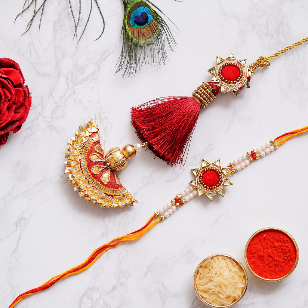 Designer Handcrafted Premium Bhaiya Bhabhi Rakhi and Roli Chawal Pack, Best Wishes Greeting Card Kafalo