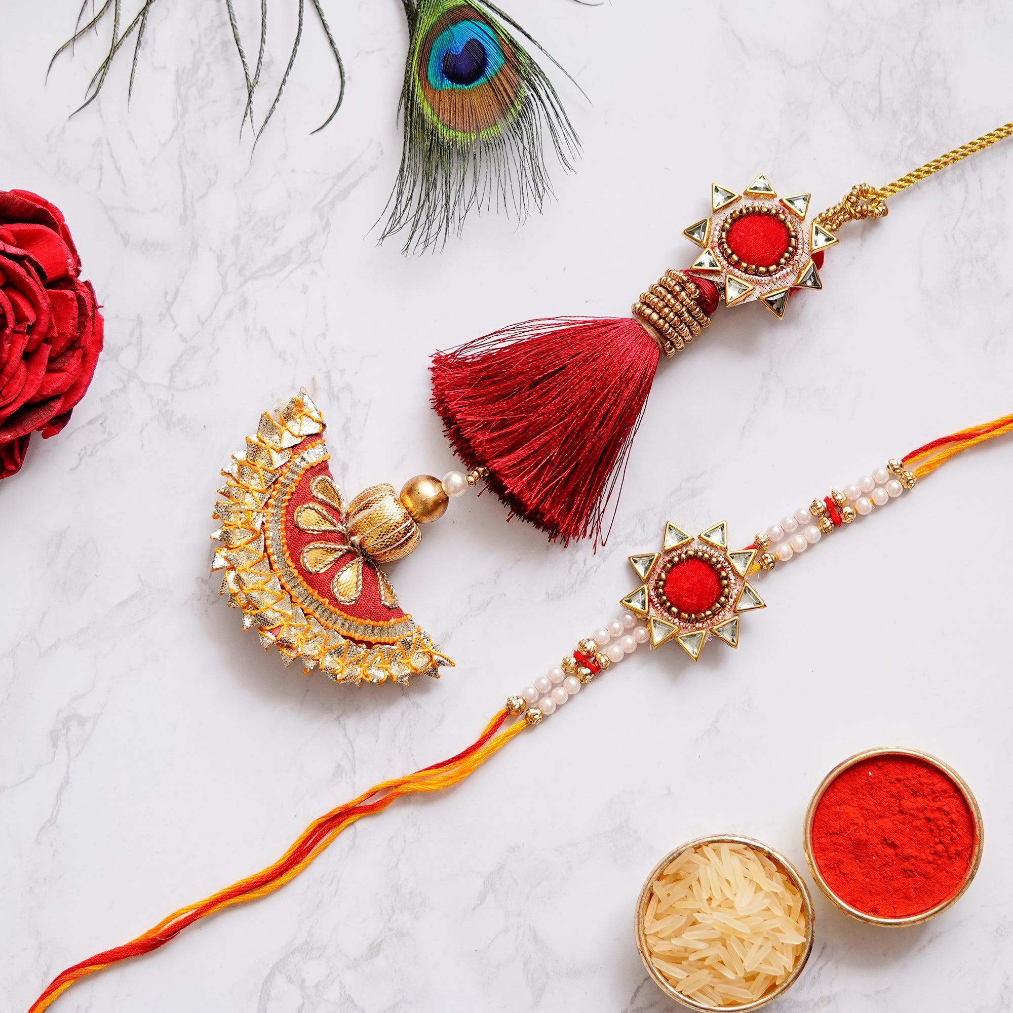 Designer Handcrafted Premium Bhaiya Bhabhi Rakhi and Roli Chawal Pack, Best Wishes Greeting Card Kafalo