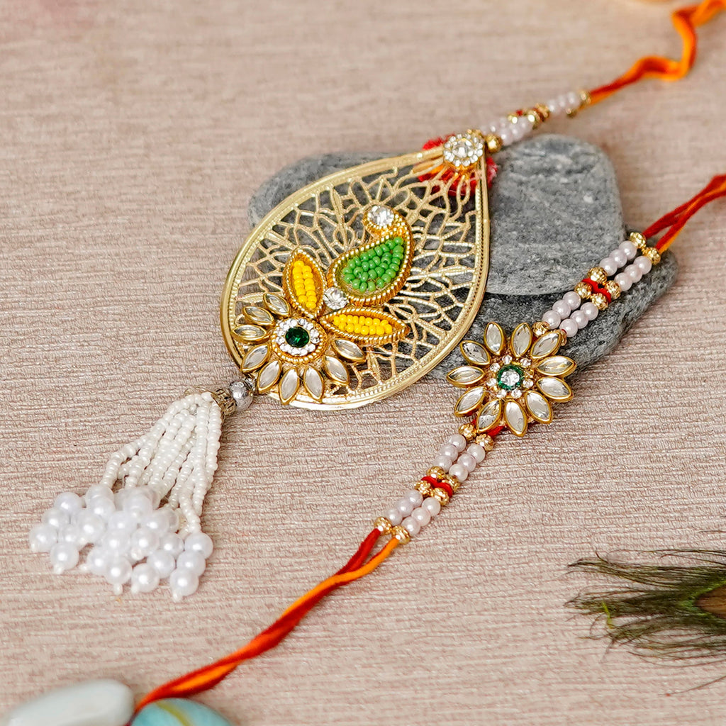 Designer Handcrafted Premium Bhaiya Bhabhi Rakhi and Roli Chawal Pack, Best Wishes Greeting Card Kafalo