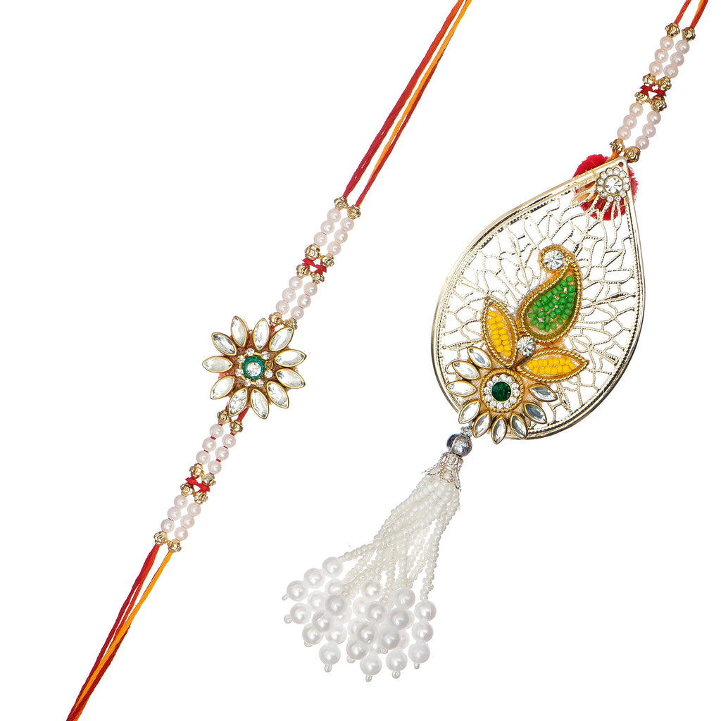 Designer Handcrafted Premium Bhaiya Bhabhi Rakhi and Roli Chawal Pack, Best Wishes Greeting Card Kafalo