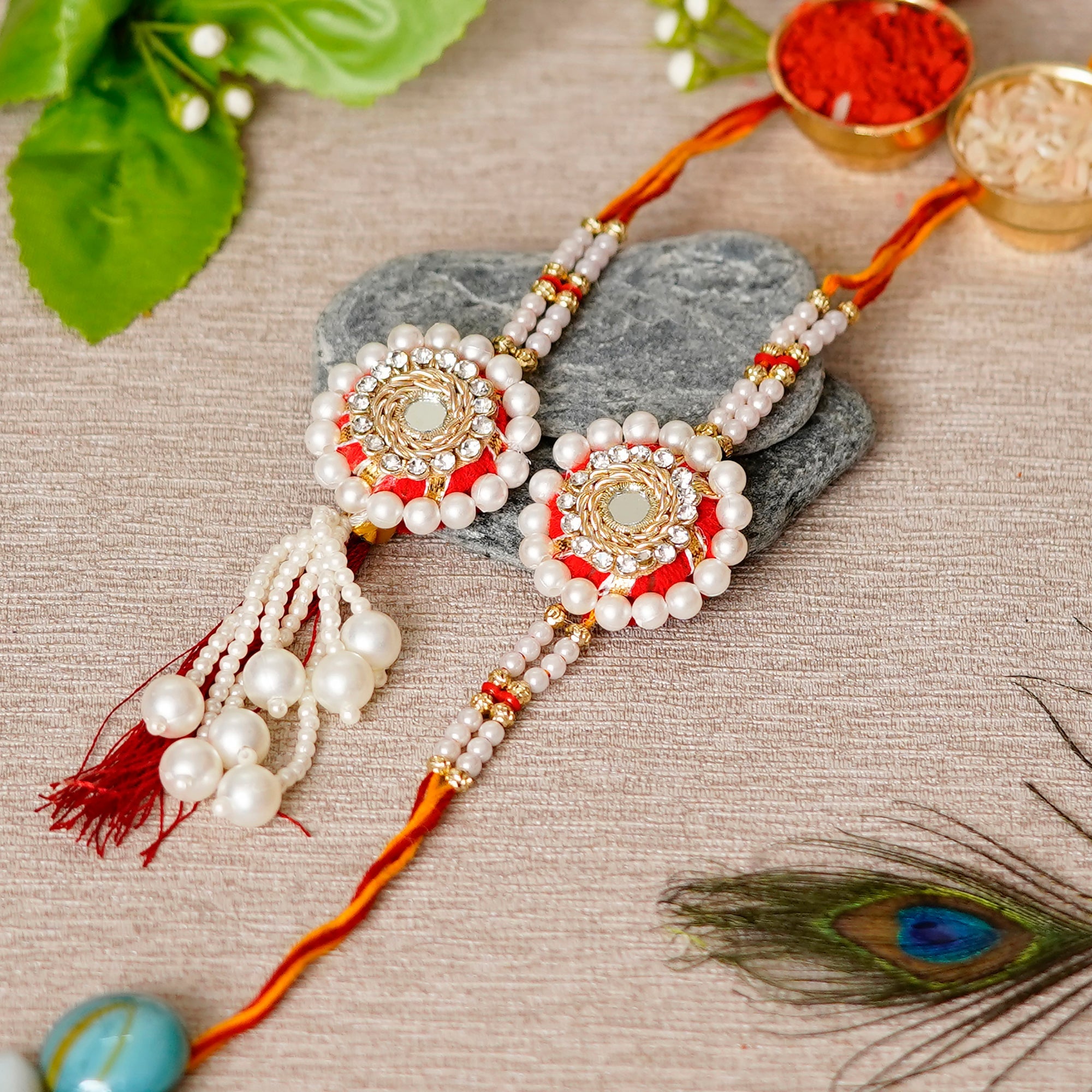 Designer Handcrafted Premium Bhaiya Bhabhi Rakhi and Roli Chawal Pack, Best Wishes Greeting Card Kafalo
