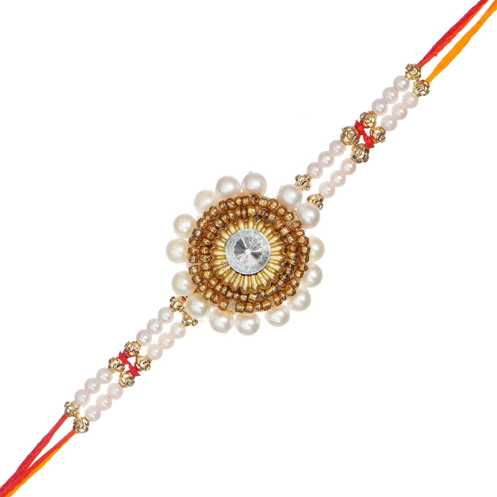 Desginer Stone and Pearl Rakhi and Roli Chawal Pack, Best Wishes Greeting Card Kafalo
