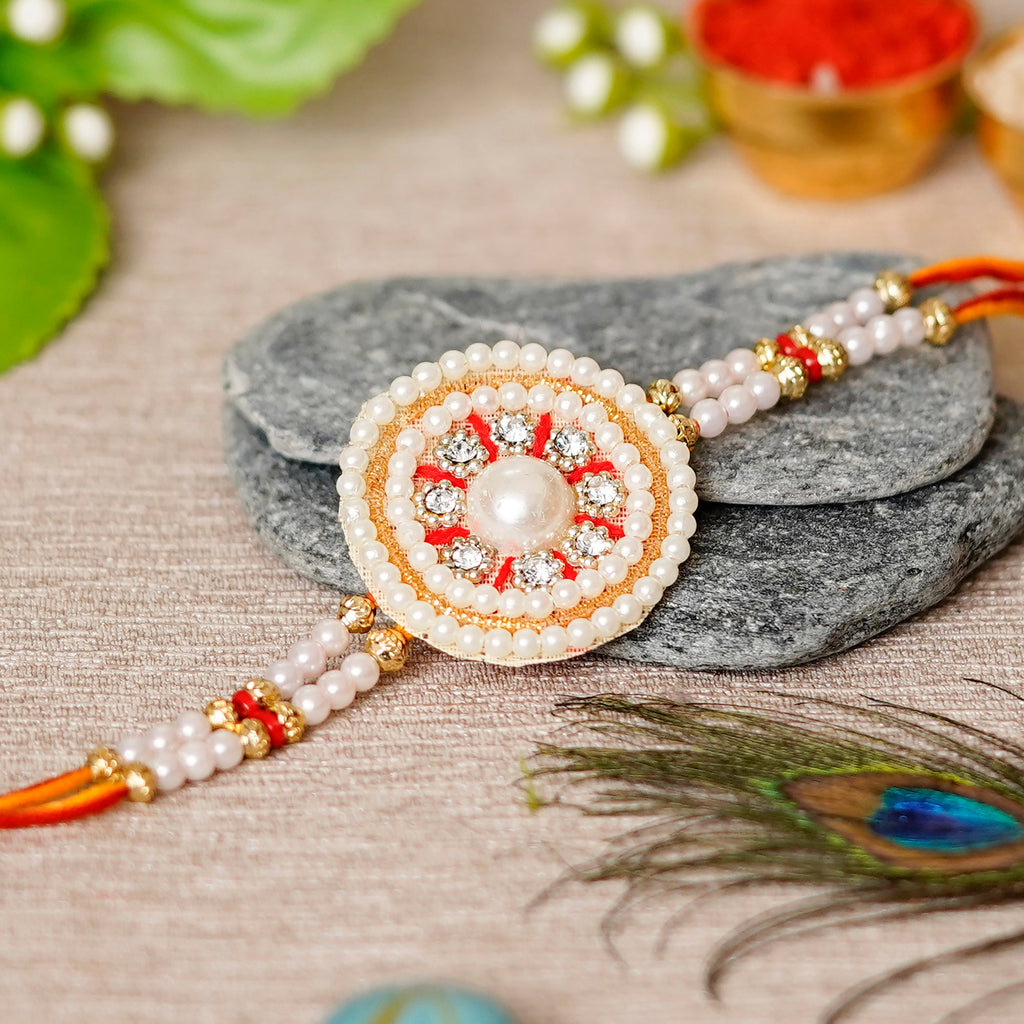 Desginer Stone and Pearl Rakhi and Roli Chawal Pack, Best Wishes Greeting Card Kafalo