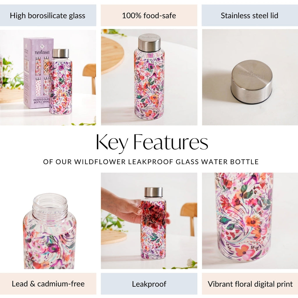 Wildflower Leakproof Glass Water Bottle 500ml Nestasia