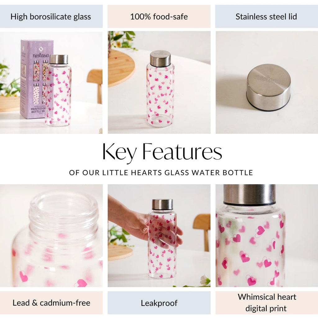 Little Hearts Glass Water Bottle 500ml Nestasia