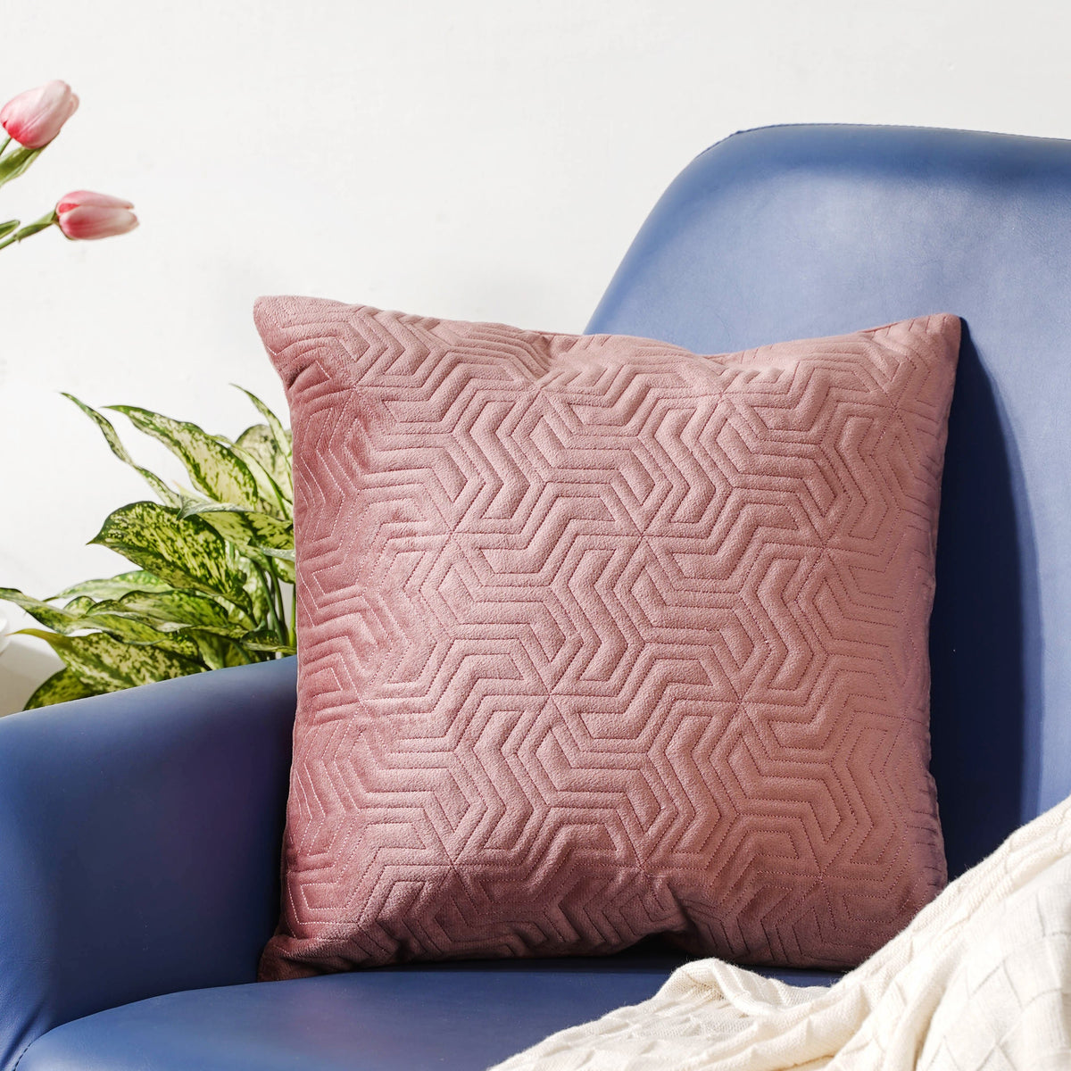 Old Rose Pink Quilted Velvet Cushion Cover 16 inch Nestasia