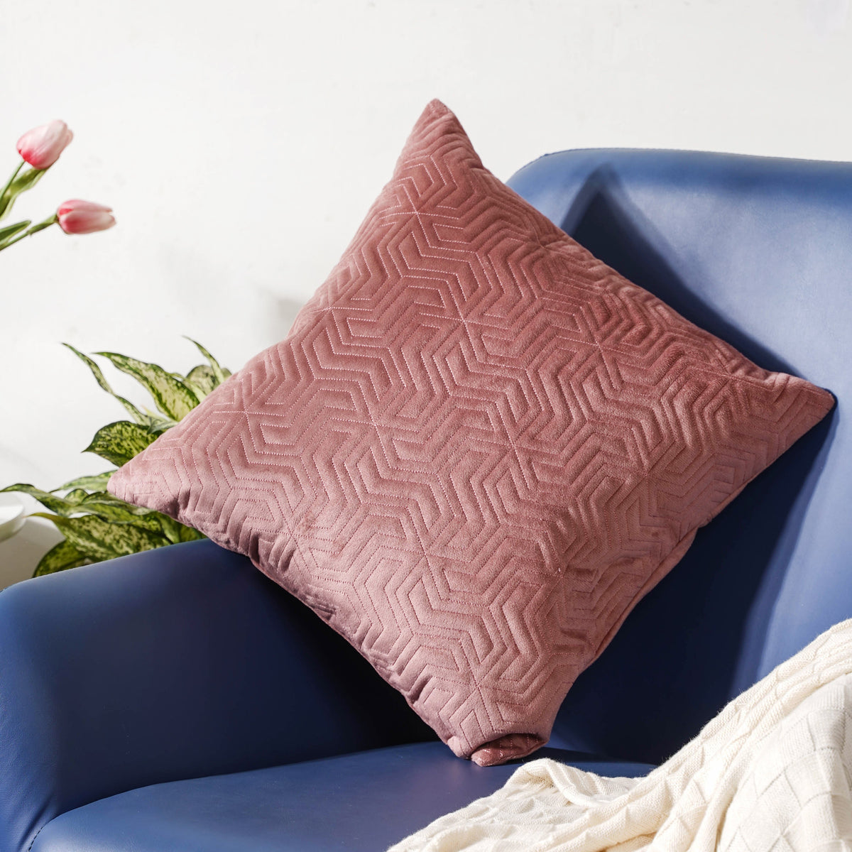 Old Rose Pink Quilted Velvet Cushion Cover 16 inch Nestasia