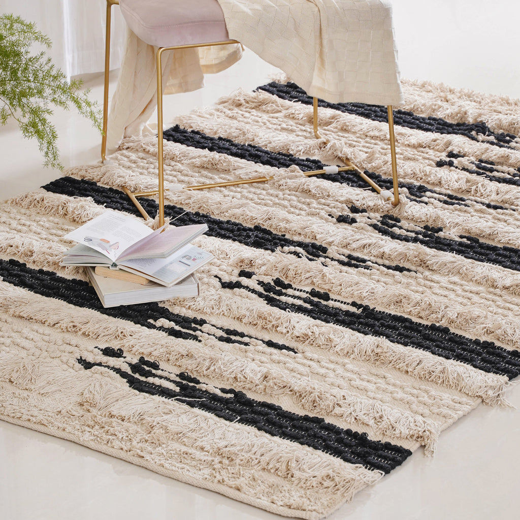 Beige and Black Living Room Rug Nestasia