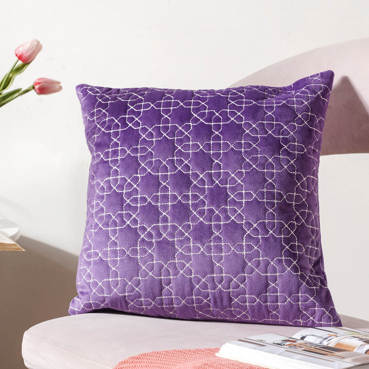 Violet Quilted Velvet Cushion Cover 16 inch Nestasia