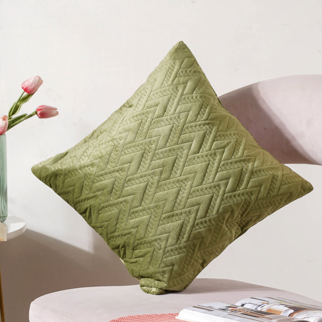 Sage Green Geometric Quilted Velvet Cushion Cover 16 Inch Nestasia