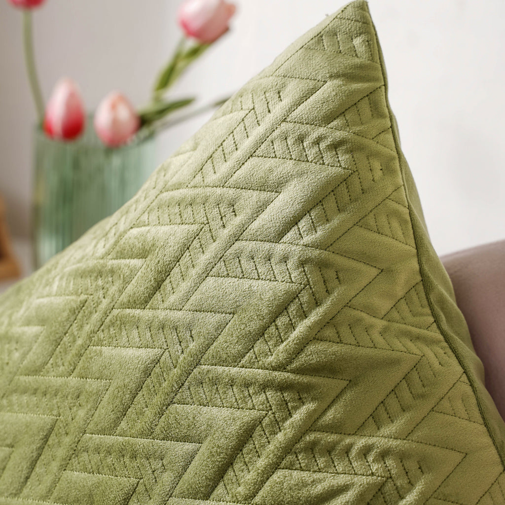 Sage Green Geometric Quilted Velvet Cushion Cover 16 Inch Nestasia