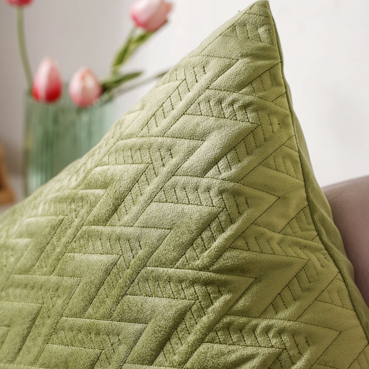 Sage Green Geometric Quilted Velvet Cushion Cover 16 Inch Nestasia