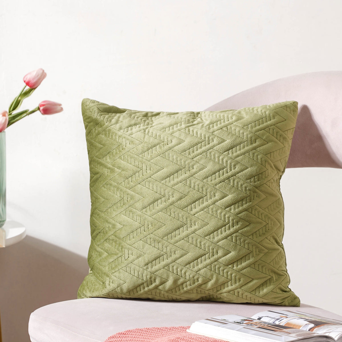 Sage Green Geometric Quilted Velvet Cushion Cover 16 Inch Nestasia