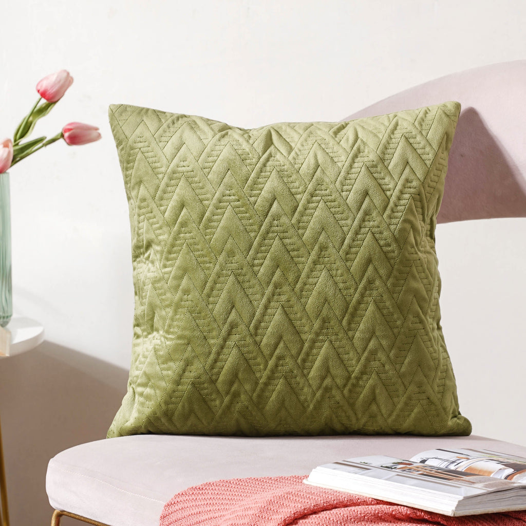 Sage Green Geometric Quilted Velvet Cushion Cover 16 Inch Nestasia