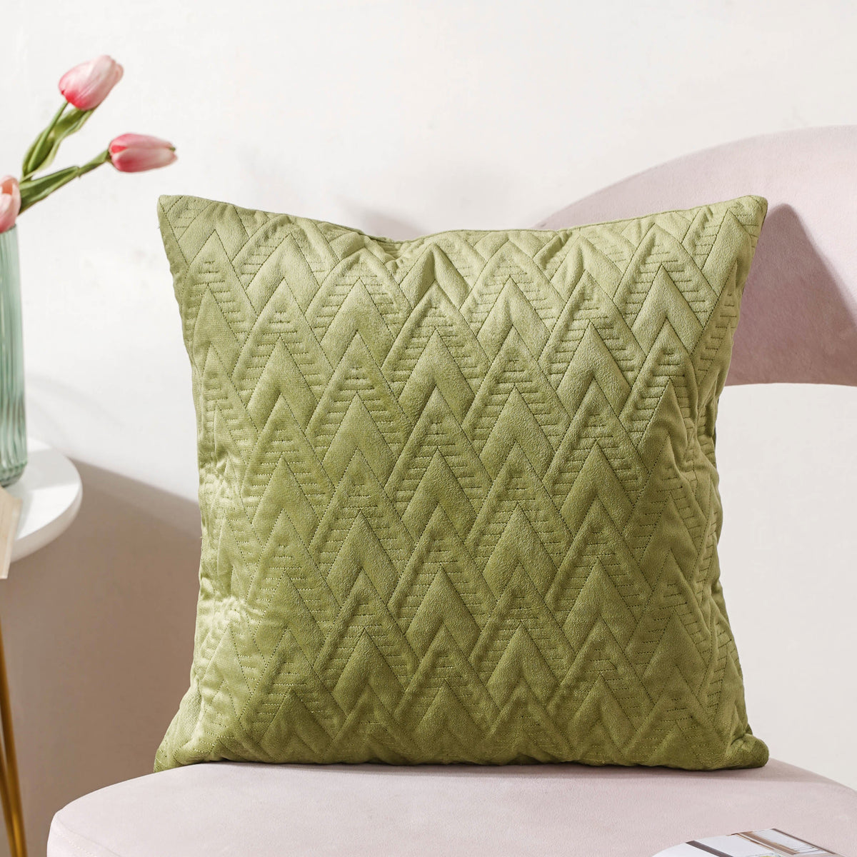 Sage Green Geometric Quilted Velvet Cushion Cover 16 Inch Nestasia