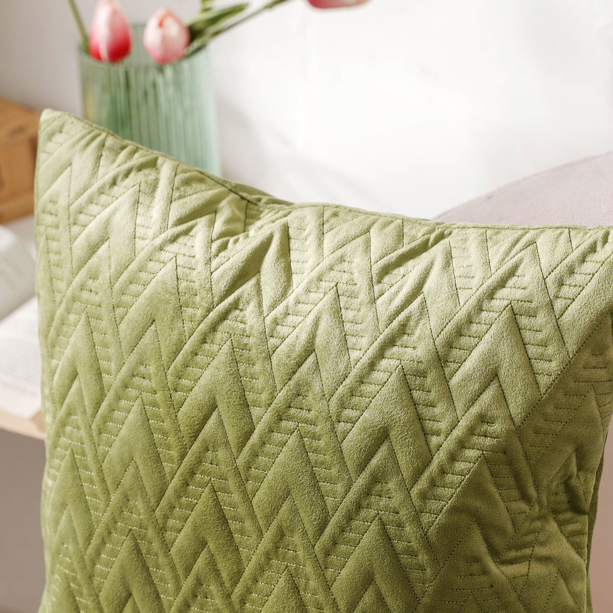 Sage Green Geometric Quilted Velvet Cushion Cover 16 Inch Nestasia