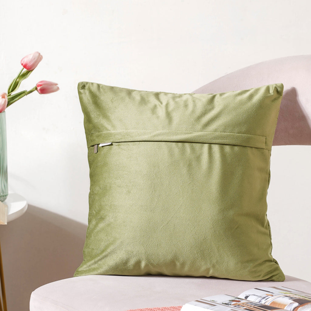 Sage Green Geometric Quilted Velvet Cushion Cover 16 Inch Nestasia