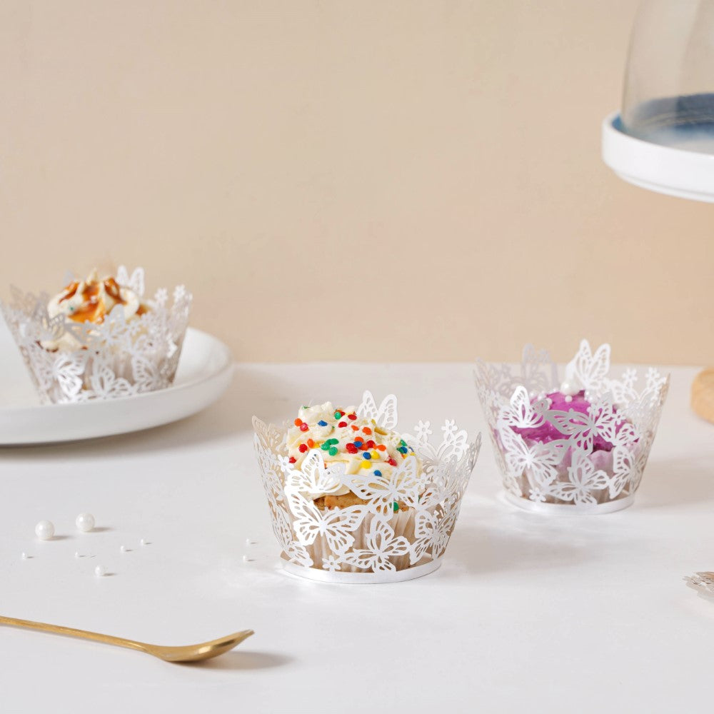 Silver Butterfly Lace Cupcake Wrapper Set of 20 Nestasia