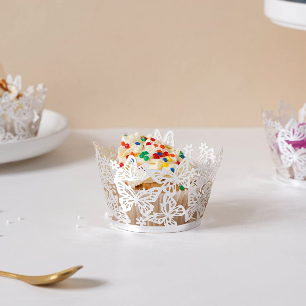 Silver Butterfly Lace Cupcake Wrapper Set of 20 Nestasia